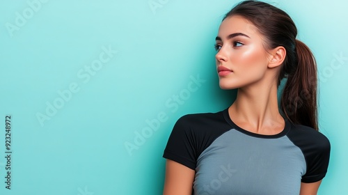 Young woman posing against a light blue wall wearing a sporty top