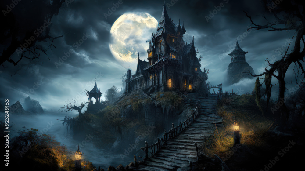 Fototapeta premium A creepy castle with a large moon in the background