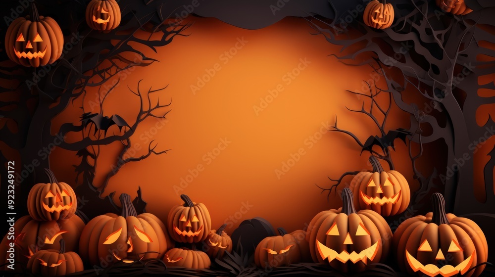 A Halloween scene with pumpkins and bats