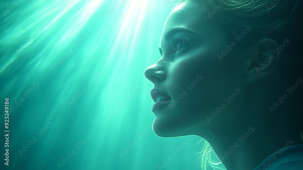 Young woman exploring underwater depths with rays of sunlight filtering through Young woman exploring underwater depths with rays of sunlight filtering through