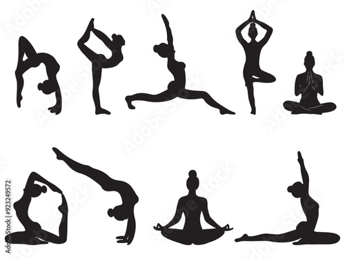 Set of beautiful girl woman training standing and sitting in different yoga poses in black on white background. Silhouette vector sketch illustration in doodle icon vintage style. Sport, meditation