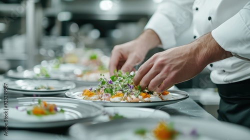 Precision Plating: Chef Creating Gourmet Dish with Microgreens and Edible Flowers in Modern Kitchen