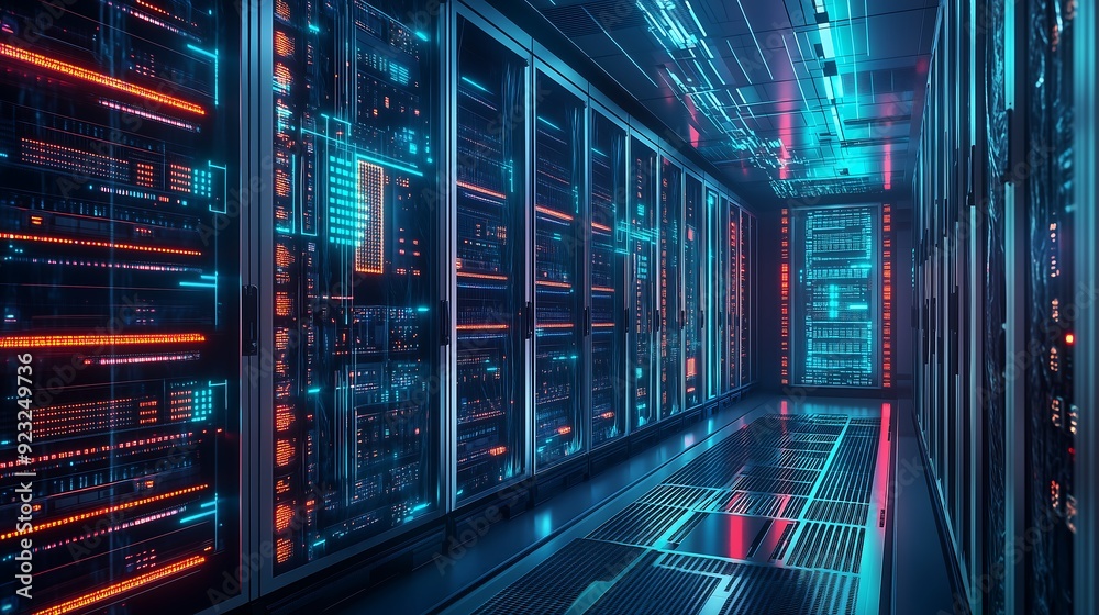 high tech server room with rows of glowing high tech server room with rows of glowing