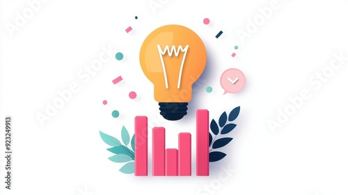 Idea light bulb with rising bars, insight leading to success, flat design illustration
