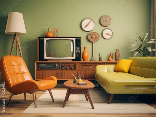 Retro living room with orange chair, yellow sofa, TV, and wooden floor.