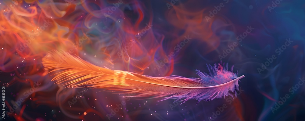 A Single Feather Glowing with Orange and Purple Light Amidst a Background of Abstract Smoke A Single Feather Glowing with Orange and Purple Light Amidst a Background of Abstract Smoke