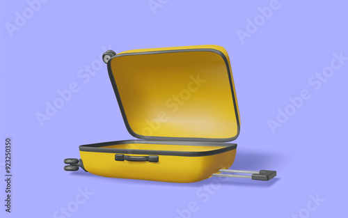 Open travel luggage on purple background. Empty Suitcase, Holiday, Vacation, Summer, Time to travel, Trip planning, Travel to world, Journey, Travel and tourism concept. 3d Vector illustration.Eps 10