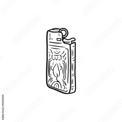 Cigarette lighter with engraved decoration in black isolated on white background. Hand drawn vector sketch illustration in doodle engraved vintage line art style. Concept of smoking, heat fire safety.