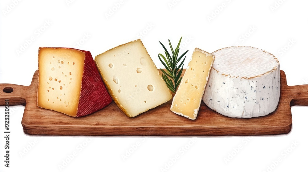 Rustic watercolor of a country style kitchen scene with a cheese board featuring assorted gourmet cheese herbs and other culinary items on a white background Rustic watercolor of a country style kitchen scene with a cheese board featuring assorted gourmet cheese herbs and other culinary items on a white background