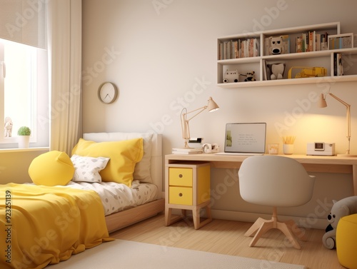 Yellow and white bedroom with a desk and a bed, featuring a yellow pillow and a white chair.