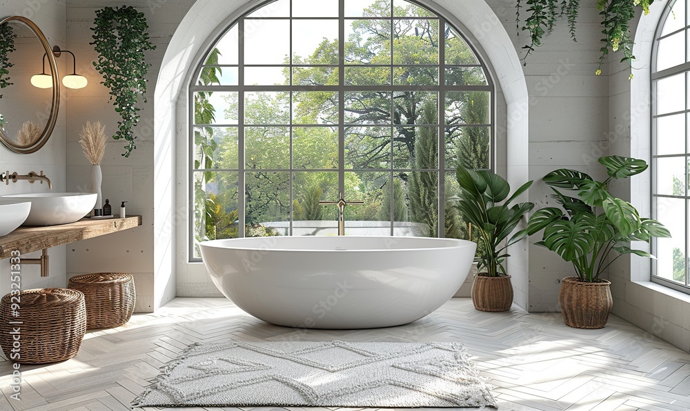 Fototapeta premium light bathroom interior with sink,tub near panoramic window.