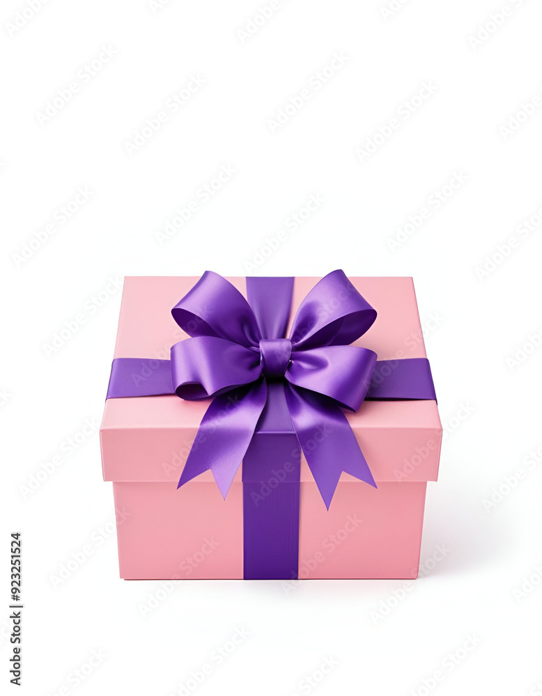 Pink gift box with purple ribbon plain white background Pink gift box with purple ribbon plain white background