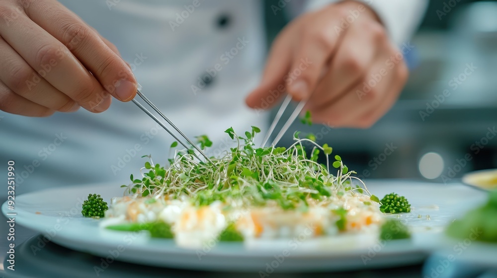 Chef hands preparing a gourmet appetizer with fresh ingredients, using tweezers to place microgreens on a delicate dish