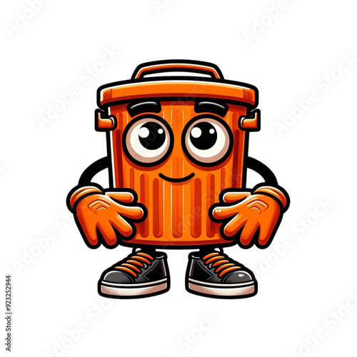 orange trash can with eyes glaring upwards
