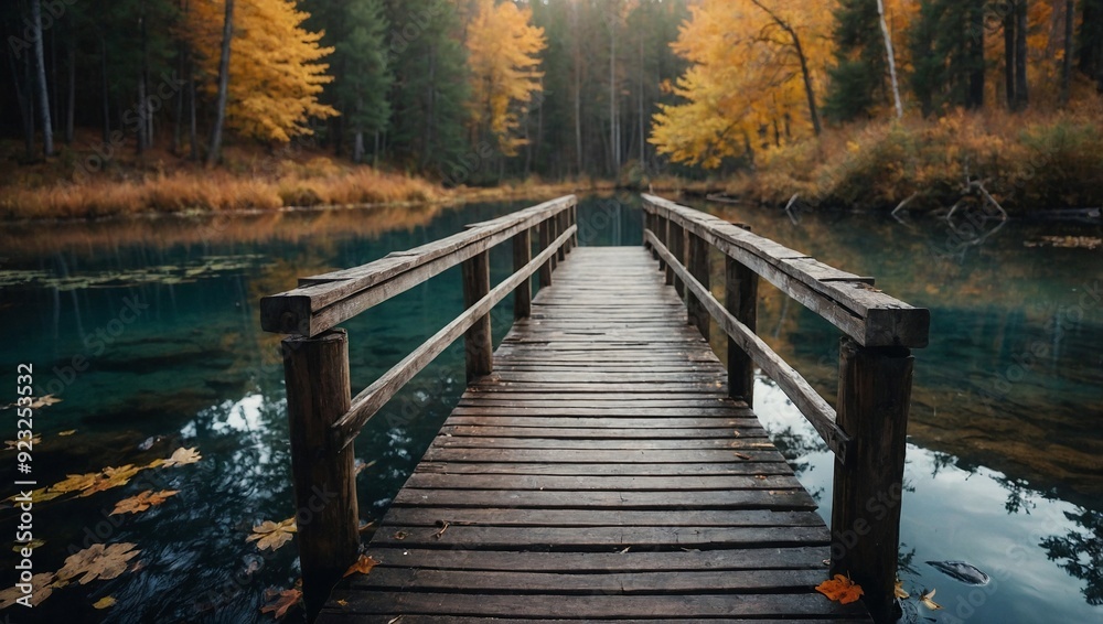 Fototapeta premium Wooden footbridge over tranquil water in autumn forest