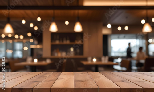 Lofty chill restaurant with wooden table and Depth of field , blurred background 