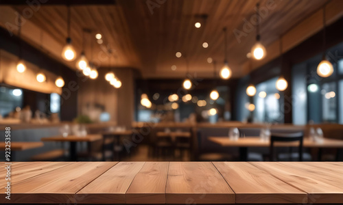 Lofty chill restaurant with wooden table and Depth of field , blurred background 