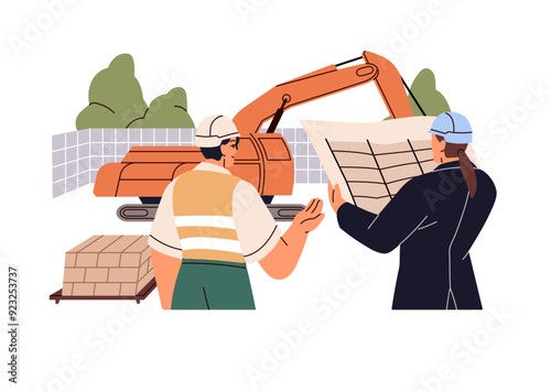 Engineer holds draft on construction site with digger. Builders watch on plan of house building. Contractor looks at architecture drawings. Flat isolated vector illustration on white background