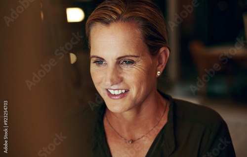 Wallpaper Mural Mature woman, computer and smile for research, email and management report in office with deadline. Business executive, night and evening for project administration, writing review or company payroll Torontodigital.ca