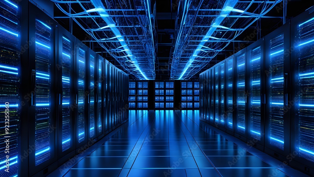A large room with blue lights and rows of computer servers A large room with blue lights and rows of computer servers