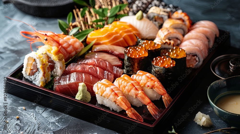 Japanese food with sushi and rolls on isolated background Japanese food with sushi and rolls on isolated background