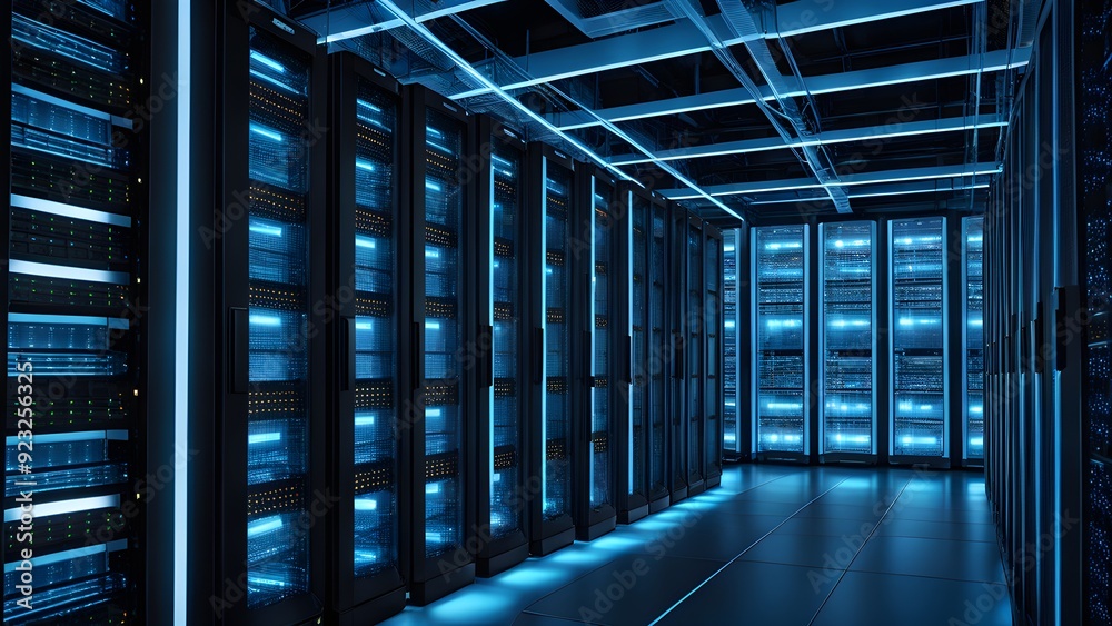 A large room with many blue computer servers A large room with many blue computer servers
