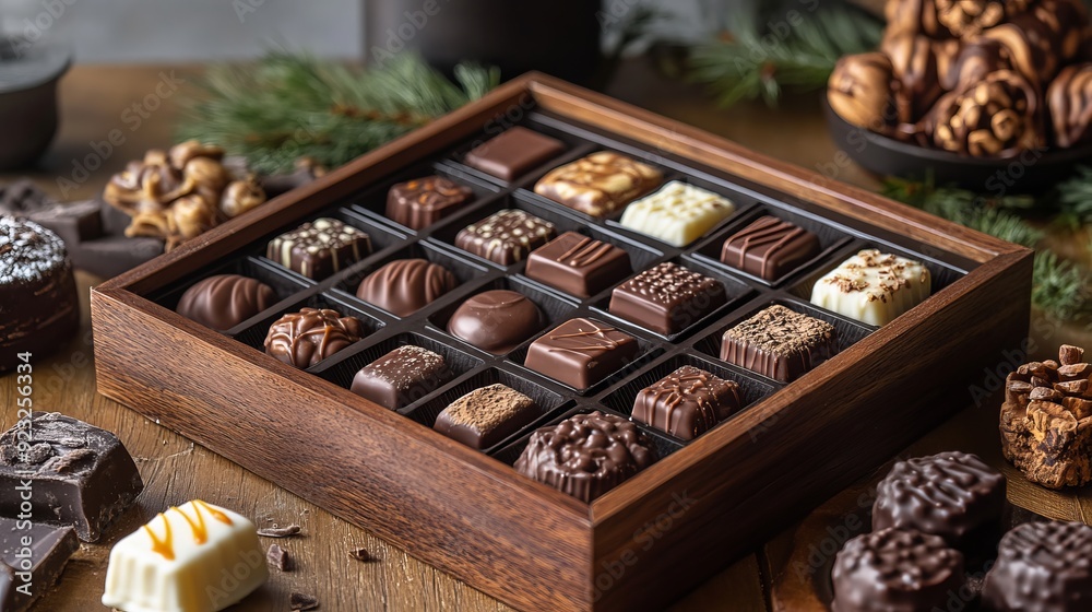 Assorted gourmet chocolates arranged in a wooden box on a rustic table