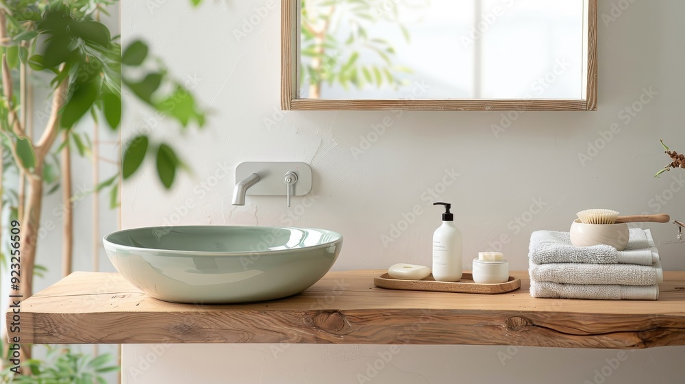 Fototapeta premium A tranquil green ceramic sink with an organic shape.