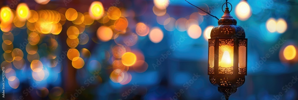 Glowing lamp display with festive bokeh in an evening courtyard setting Glowing lamp display with festive bokeh in an evening courtyard setting