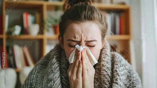 A woman sneezing into tissue photo