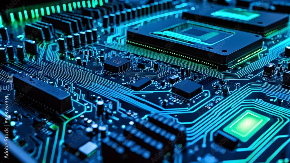 A computer chip is shown in a bright green color A computer chip is shown in a bright green color