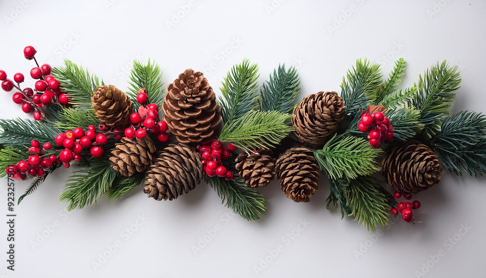 Festive evergreen garland with red berries and pine cones perfect for holiday decorations , Christmas, wreath, greenery Festive evergreen garland with red berries and pine cones perfect for holiday decorations , Christmas, wreath, greenery
