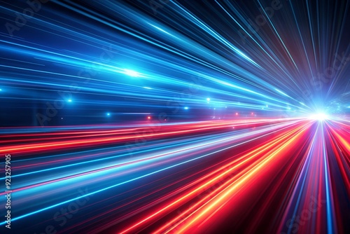 Blue and red high-speed background. Movement light trails effect on black abstract background. Wide technology banner with glowing blue and red light motion effect.