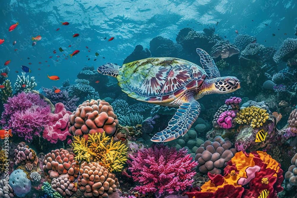 A colorful sea turtle swimming gracefully over the vibrant coral reefs of an Australian reef A colorful sea turtle swimming gracefully over the vibrant coral reefs of an Australian reef