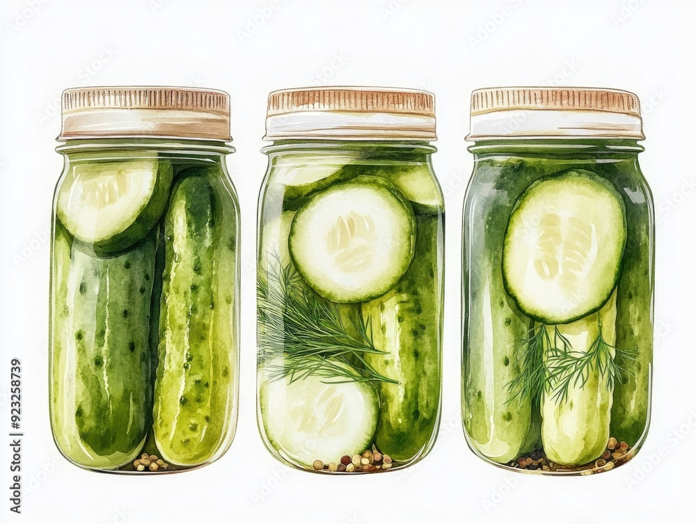 Watercolor Rustic Clipart of a Glass Jar Filled with Homemade Pickled Dill Pickles Isolated on a Clean White Background Concept of Healthy Homemade Canning and Preserves Watercolor Rustic Clipart of a Glass Jar Filled with Homemade Pickled Dill Pickles Isolated on a Clean White Background Concept of Healthy Homemade Canning and Preserves