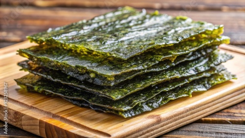 Delicately layered sheets of crispy nori seaweed sit atop a worn wooden cutting board, awaiting assembly into intricate sushi rolls or other culinary creations. photo