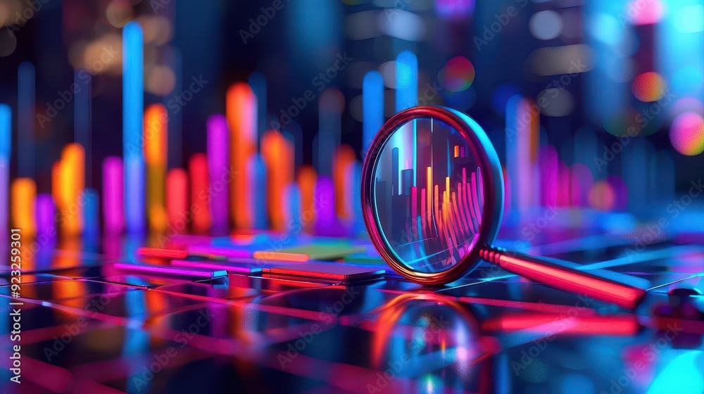 A close-up view of a magnifying glass over colorful data charts, symbolizing analysis and technology in a vibrant setting. A close-up view of a magnifying glass over colorful data charts, symbolizing analysis and technology in a vibrant setting.