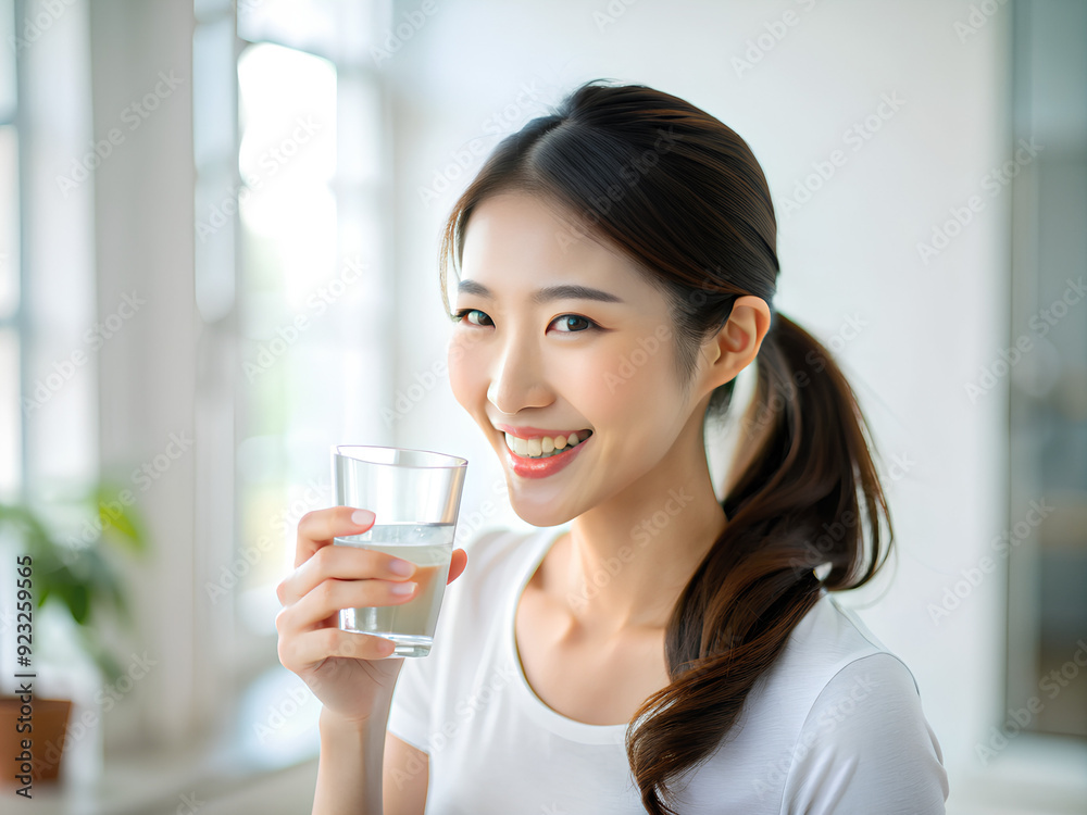 Beautiful woman with brunette ponytail smile drinks a glass water Beautiful woman with brunette ponytail smile drinks a glass water