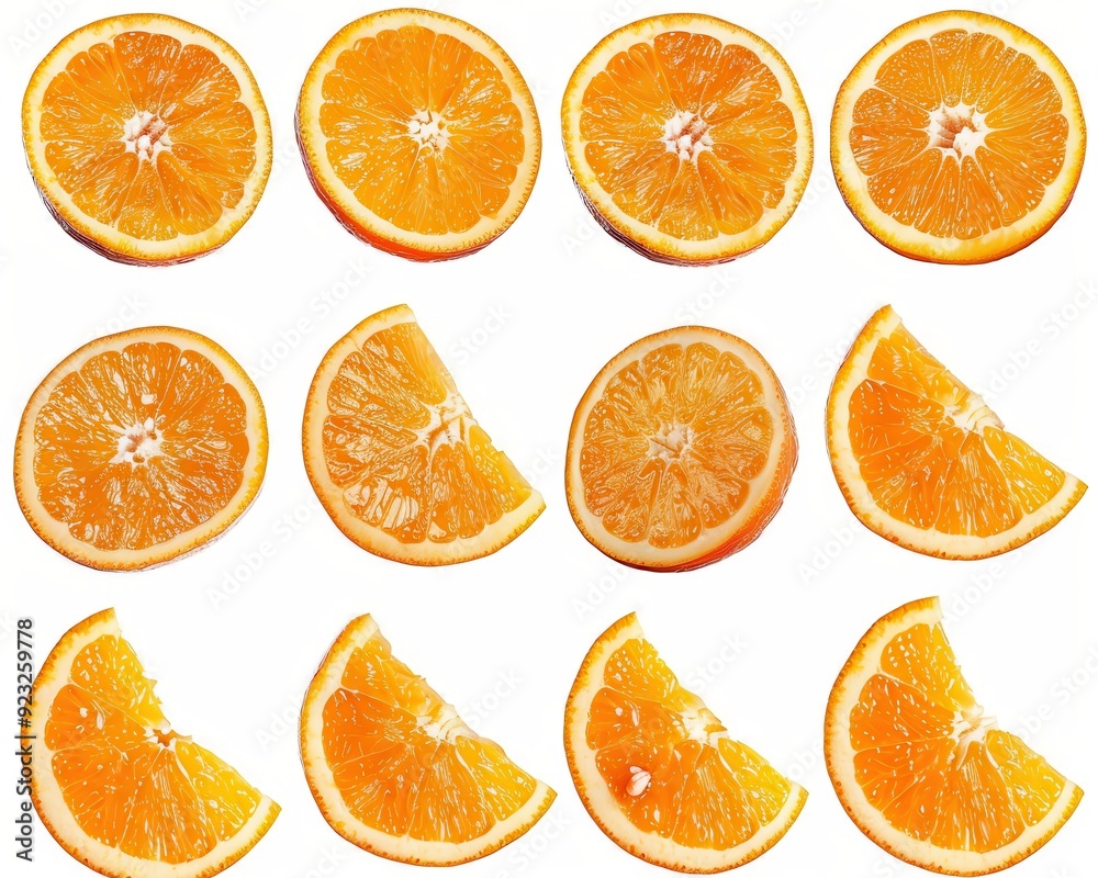 Orange Slices Isolated. Collection of 16 Fresh Citrous Fruit Slices on White Background Orange Slices Isolated. Collection of 16 Fresh Citrous Fruit Slices on White Background