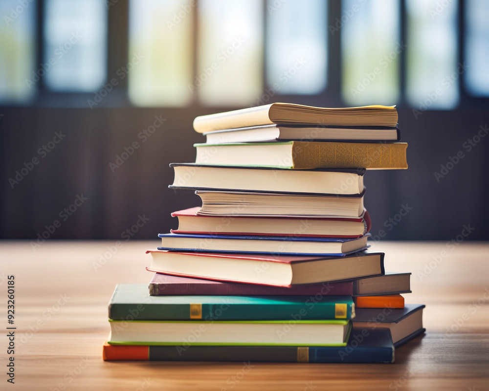 A stack of colorful books on a wooden table, illuminated by soft light. Perfect for education, reading, or study themes. A stack of colorful books on a wooden table, illuminated by soft light. Perfect for education, reading, or study themes.