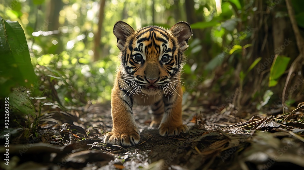 Fototapeta premium A newborn Sumatran tiger cub playfully exploring the undergrowth of its forest habitat.