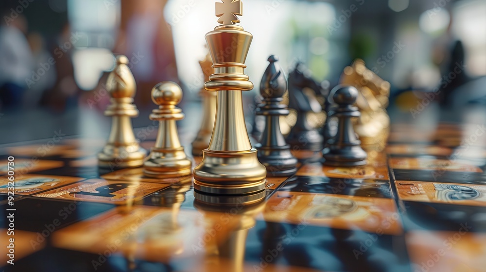 Close-up of a chess game with golden and silver pieces on an elegant board, symbolizing strategy and competition. Close-up of a chess game with golden and silver pieces on an elegant board, symbolizing strategy and competition.