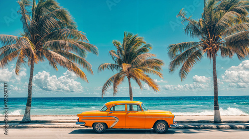 Fototapeta Naklejka Na Ścianę i Meble -  A vintage yellow car parked on a coastal road lined with palm trees, with the ocean and a clear blue sky in the background.