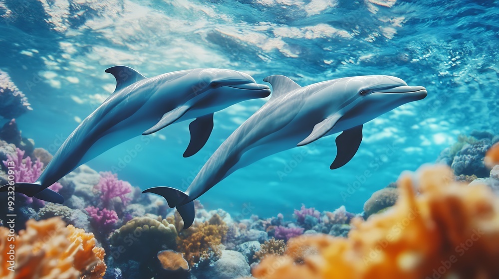 Fototapeta premium A pair of dolphins swimming gracefully beneath the ocean surface, surrounded by colorful coral.