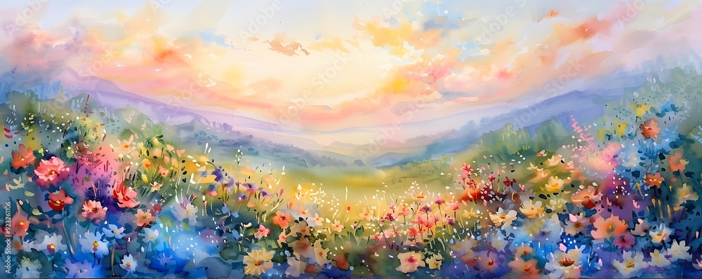 Watercolor Painting of a Field of Flowers with a Mountainous Landscape in the Background Watercolor Painting of a Field of Flowers with a Mountainous Landscape in the Background