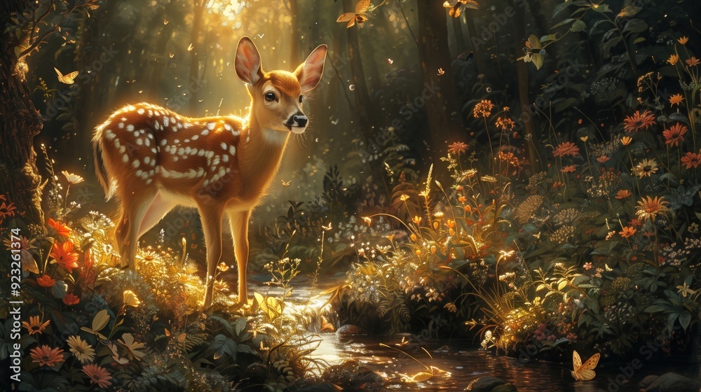 Fototapeta premium Enchanted Deer Standing by a Magical Forest Stream