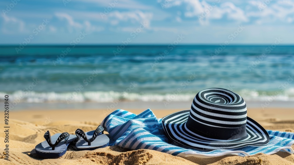 Summer Beach Essentials with Hat and Flip-Flops, Summer concept Summer Beach Essentials with Hat and Flip-Flops, Summer concept
