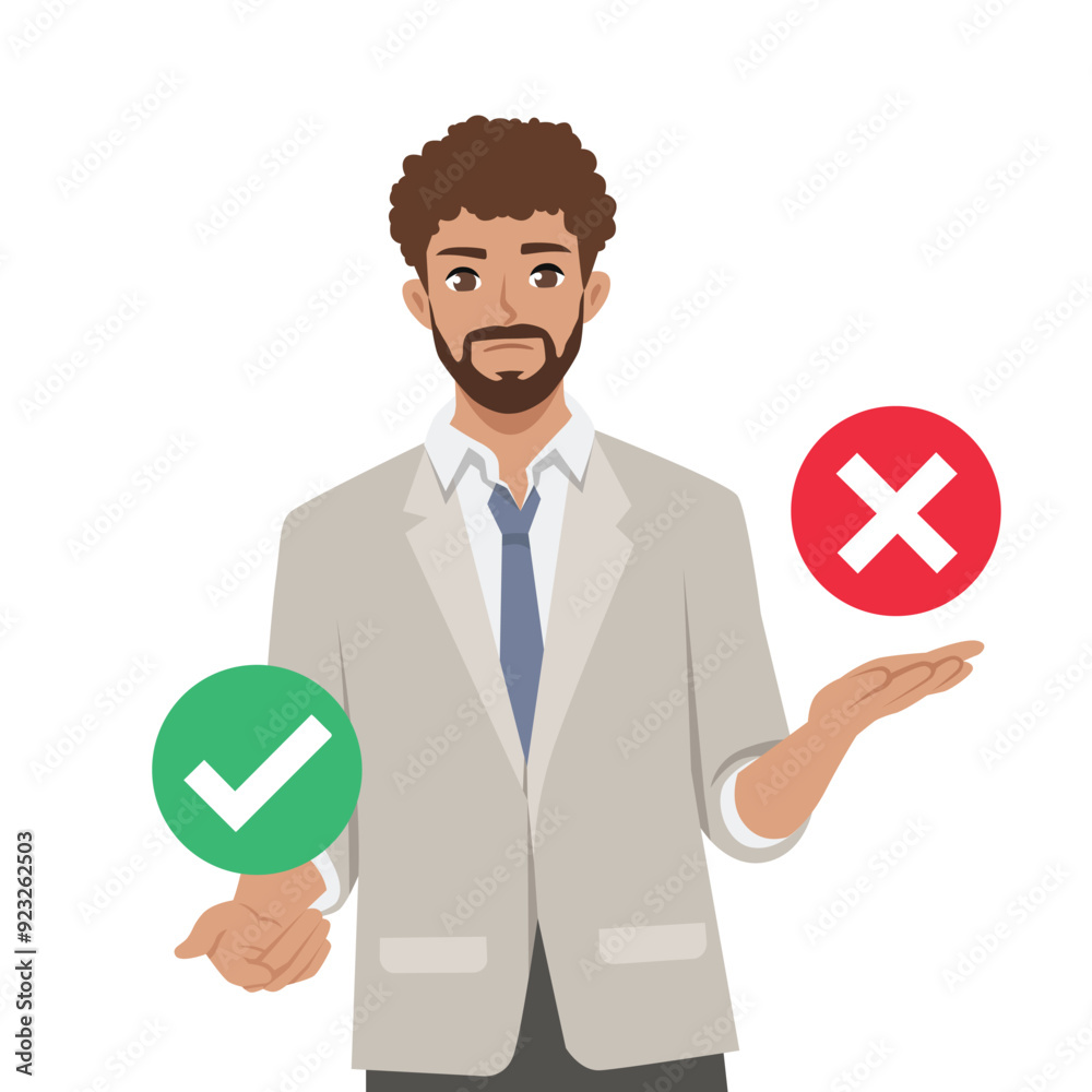 Young bearded man decision between right or left, yes or no. Flat vector illustration isolated on white background Young bearded man decision between right or left, yes or no. Flat vector illustration isolated on white background