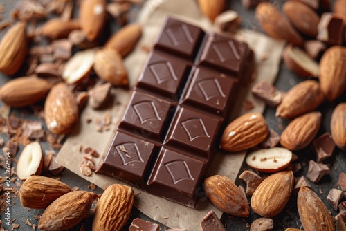 Organic Handmade Chocolate Bar Surrounded by Almonds - Ideal for Gourmet Dessert Design