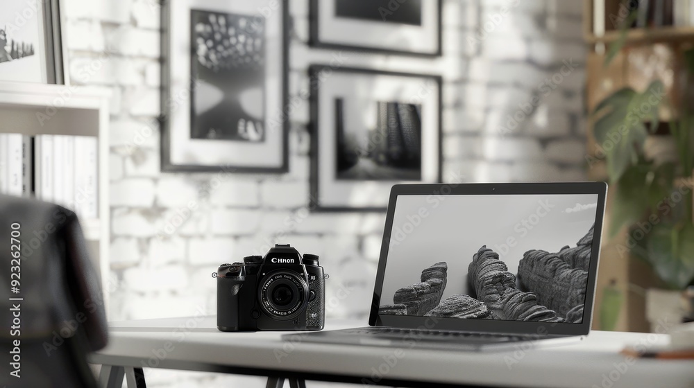 Creative Workspace Editing Photos on a Sleek Laptop with Professional Camera and Monochrome Prints Against White Brick Wall Minimalist Photographer's Desk Scene Creative Workspace Editing Photos on a Sleek Laptop with Professional Camera and Monochrome Prints Against White Brick Wall Minimalist Photographer's Desk Scene
